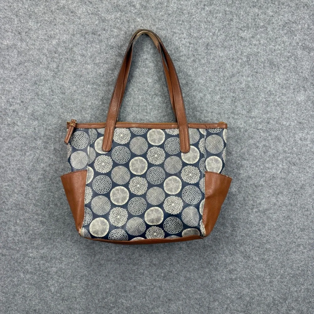 Fossil Navy Cream Geometric Circle Print Tote Bag Brown Leather Trim‎ Large